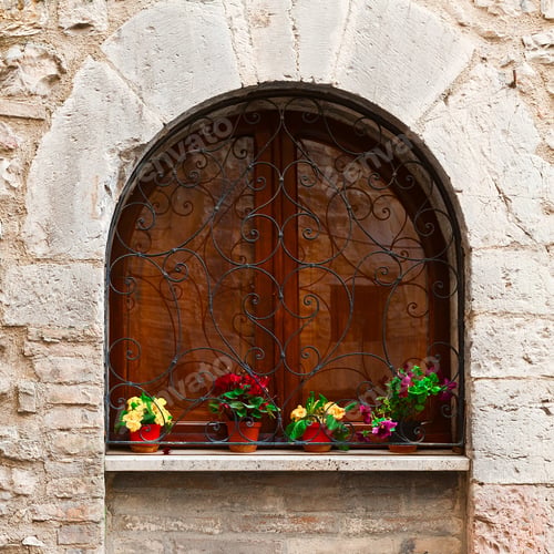 Preview: Arched Window Decorated With Fresh Flowers In Italy