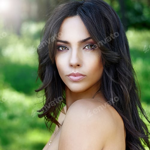 Preview: Close Up Nature Portrait Of Cute Beautiful Brunette Woman With Perfect Skin