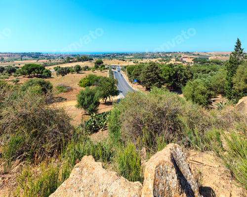 Preview: View To Road, Gardens And Sea From Valley Of Temples, Agrigento, Sicily, Italy.