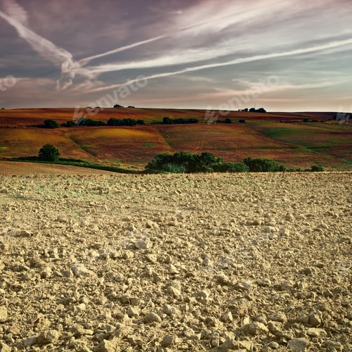 Preview: Plowed Sloping Hills Of Spain In The Autumn At Sunset, Vintage Style Toned Picture