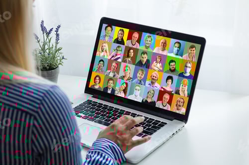 Preview: View Over Businesslady Shoulder Seated At Workplace Desk Look At Computer Screen Where Collage Of