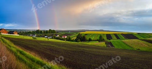Preview: Spring Rapeseed And Small Farmlands Fields After Rain Evening View, Cloudy Pre Sunset Sky With