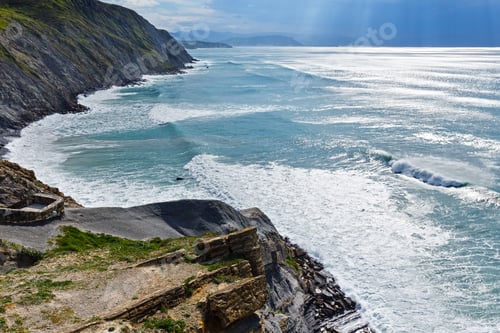 Preview: Summer Ocean Coastline View (With Evening Sunray) Near Beach In Barrika Town, Biscay, Basque