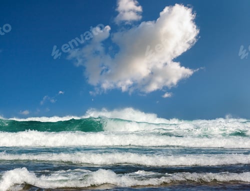 Preview: Sea Storm And Waves With Foam And Splashes. Seascape View From Beach.