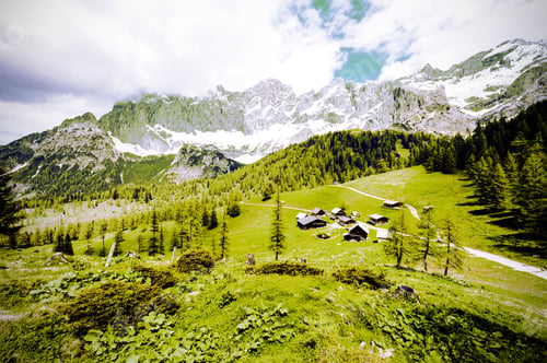 Preview: Austrian Village Surrounded By Forests, Meadows, Fields And Pastures On The Background Of