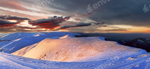Preview: Mountain Ridge Sunset Panorama In Red Colors View From Last Evening Sunrays (Ukraine, Carpathian