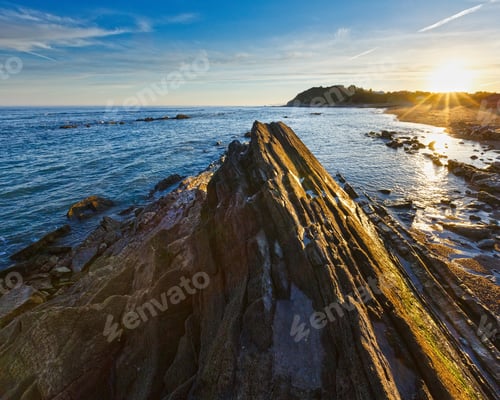Preview: Sunset Ocean Coast View From Beach (Near Saint-Jean-De-Luz, France, Bay Of Biscay).