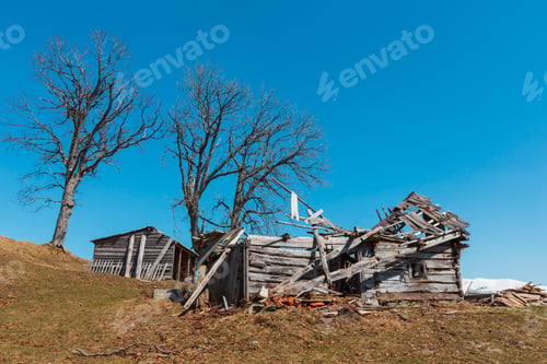 Preview: Ruined Shed On Animal Husbandry Farmland On Early Spring Carpathian Mountains Plateau Top.