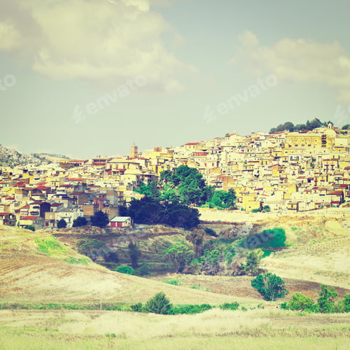 Preview: View To The Medieval City Of Pietraperria In Sicily, Retro Image Filtered Style