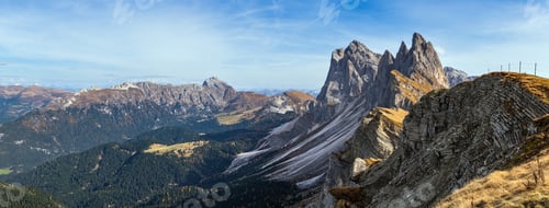 Preview: Picturesque Autumn Alps Mountain Scene, Famous Italian Dolomites Seceda Majestic Rock, Sass Rigais