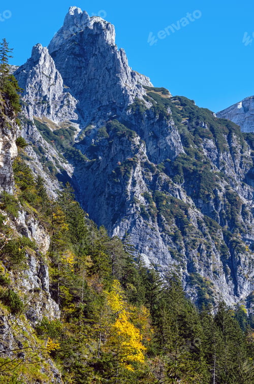 Preview: Sunny Idyllic Colorful Autumn Alpine Scene. Peaceful Rocky Mountain View From Hiking Path Near