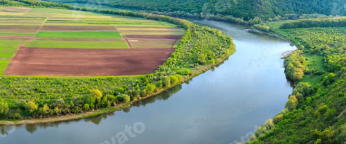 Preview: Top Picturesque View Of Spring Fields On Dnister River Bend Canyon. Unrecognizable Rafting Tourist