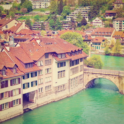 Preview: Bird'S Eye View Of The City Of Berne And River Aare, Retro Effect