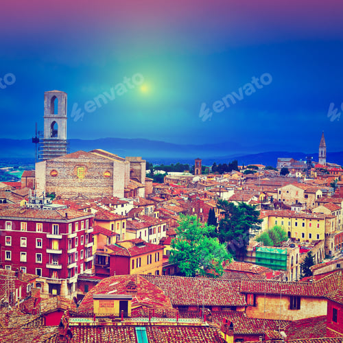 Preview: Aerial View To Historic Center City Of Perugia In Italy At Night