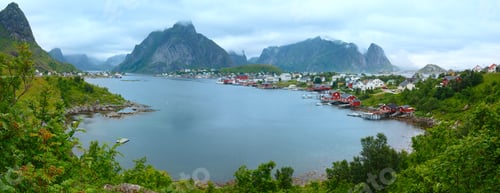 Preview: Fishing Village Reine (Lofoten, Norway). Summer Cloudy Panorama.