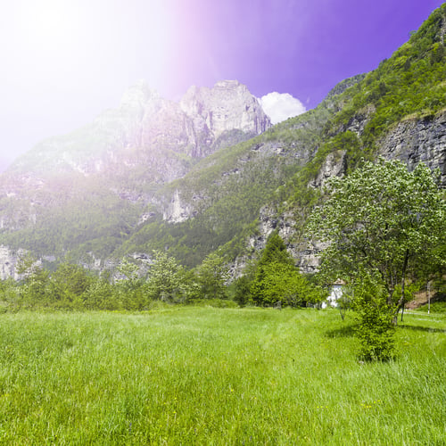 Preview: Morning Mist In Italian Alps. View Of The Mountain Pasture In Italy At Sunrise