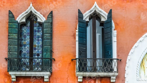 Preview: Ogival Mosaic Venetian Windows With Shutter. Houses Peeling Off From Dampness In Venice