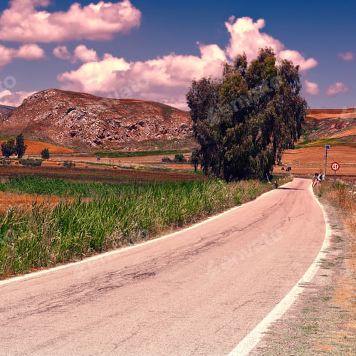 Preview: Winding Asphalt Road Between Spring Fields Of Sicily At Sunset