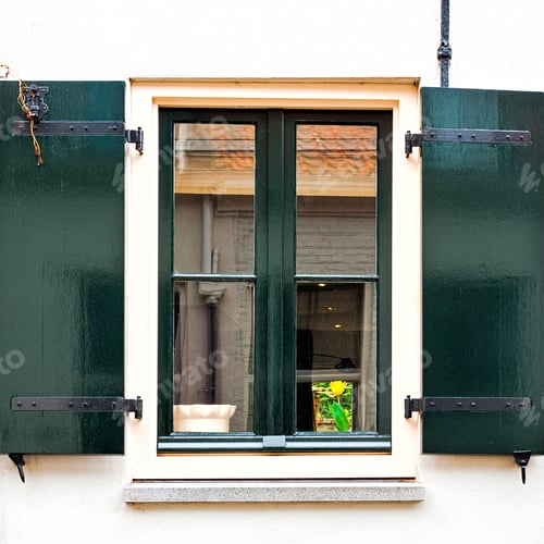 Preview: Window With Shutters In The Wall Of A House In Holland. Typical Dutch House With Windows Painted In