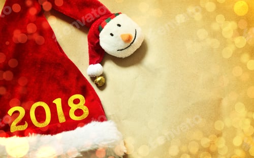 Preview: Happy New Year. Santa Hat On A Bright Background. 2018
