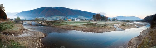 Preview: Autumn Misty Morning Mountain Village Panorama (Kolochava, Carpathian , Ukraine). Three Shots