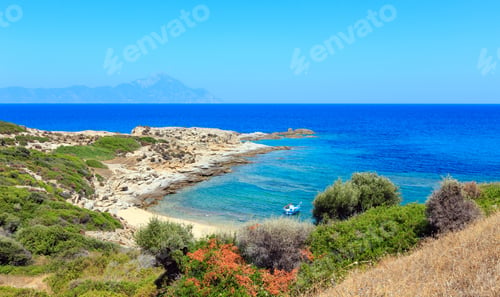 Preview: Summer Stony Sea Coast Landscape With Athos Mount View In Far (Halkidiki, Sithonia, Greece).