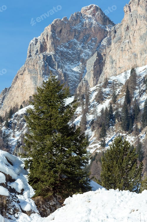 Preview: Beautiful Winter Rocky Mountain Landscape. Italy Dolomites, At The Foot Of Passo Gardena, South