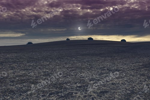 Preview: Fields In Spain After Harvesting In The Light Of The Moon. Breathtaking Landscape And Nature Of The
