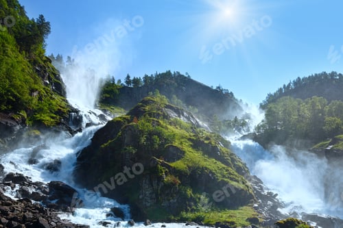 Preview: Summer Sunshiny Mountain Latefossen (Or Latefoss) Waterfall On Slope (Odda, Norway).