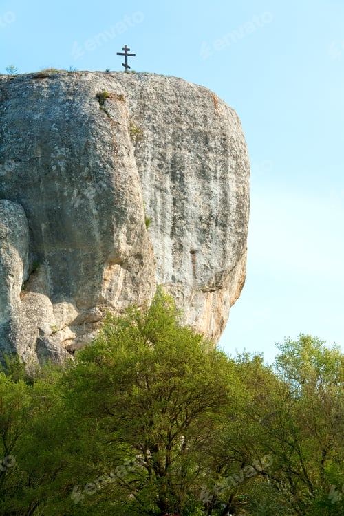 Preview: Spring Crimea Mountain Landscape With Christian Cross On Top Rock On Sky Background (Ukraine).