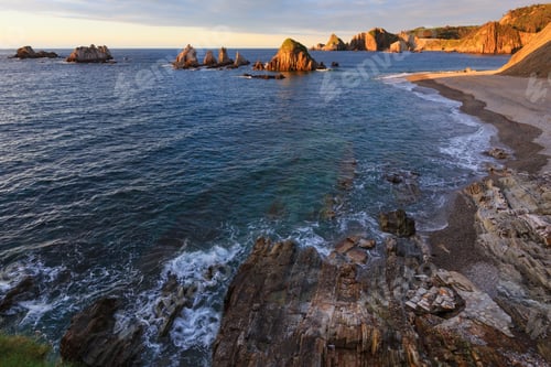 Preview: Evening Atlantic Ocean Coastline Landscape. Beautiful Gueirua Beach With Sharp Islets, Asturias