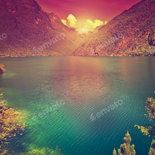 Preview: Sunset Over The Mountain Lake In The Italian Dolomites, Instagram Effect