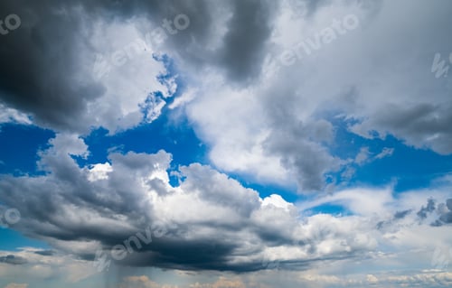 Preview: Blue Sky With Clouds In Sunshine (Wide Natural Cloudscape Background Panorama)