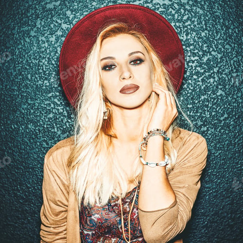 Preview: Portrait Of Young Beautiful Lady In Hat - Close Up