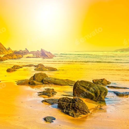 Preview: Portuguese Atlantic Ocean Beach In The Morning Mist At Sunrise. Breathtaking Landscape And Nature