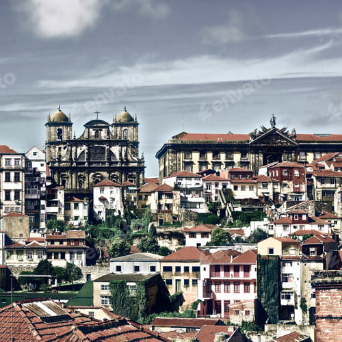 Preview: View To Historic Center City Of Porto In Portugal, Vintage Style Toned Picture