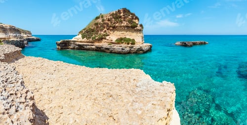 Preview: Picturesque Seascape With White Rocky Cliffs, Sea Bay And Islets At Grotta Dello Mbruficu, Salento