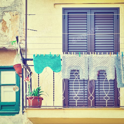 Preview: Italian Balcony In Palermo With Closed Wooden Shutters, Decorated With Mats, Retroeffect