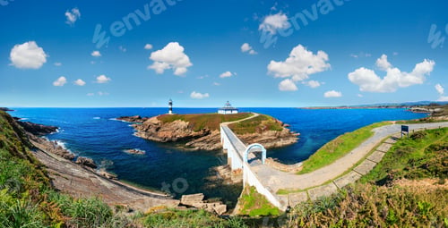 Preview: Summer Ocean Island Pancha Coastline Landscape With Lighthouse, Lugo Coast, Bay Of Biscay, Spain