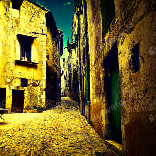 Preview: Old Street In The French City Of Viviers At Night, Vintage Style Toned Picture