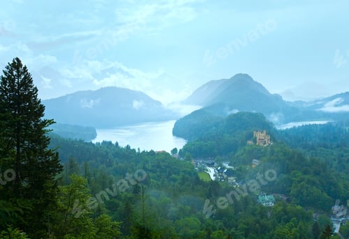 Preview: Cloudburst Above Historic Medieval Neuschwanstein Castle In Bavaria (Germany). View From