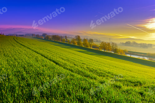Preview: Pasture Along The Irrigation Canal And Dam In Switzerland, Sunset