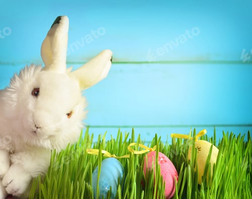 Preview: Easter Bunny On Green Grass With Easter Eggs. Easter Background.