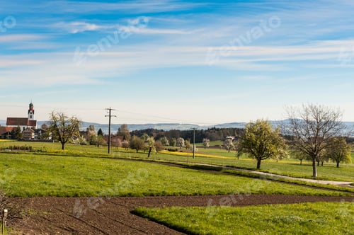 Preview: Pasture And Plowed Fields On The Background Of Alps In Switzerland. Swiss Small Town Surrounded By