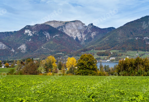 Preview: Peaceful Autumn Alps Mountain Lake Shore View. Wolfgangsee Lake, Salzkammergut, Upper Austria.