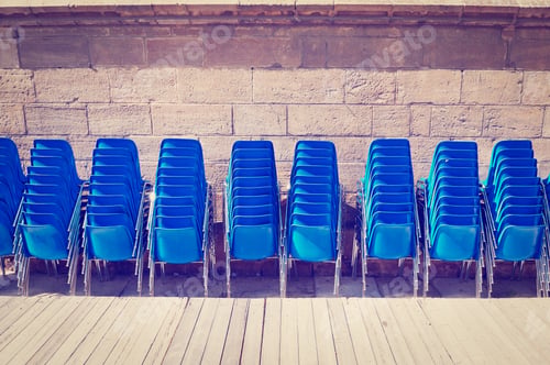 Preview: Row Of Plastic Chairs Near The Wooden Stage, Instagram Effect