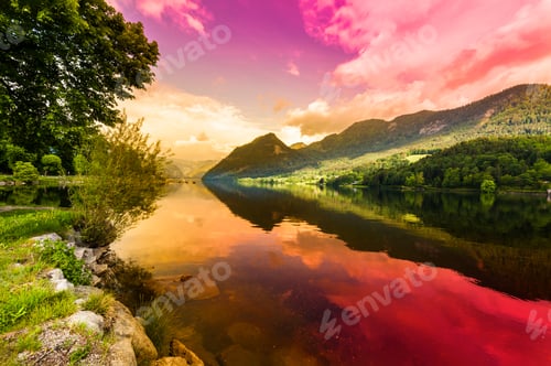 Preview: Austrian Landscape With Forests, Meadows, Fields And Pastures Surrounding The Lake Grunlsee On The