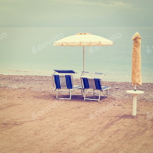 Preview: Beach Umbrella And Sun Bed In The Sandy Coast Near The Italian City Of Minori, Retro Effect