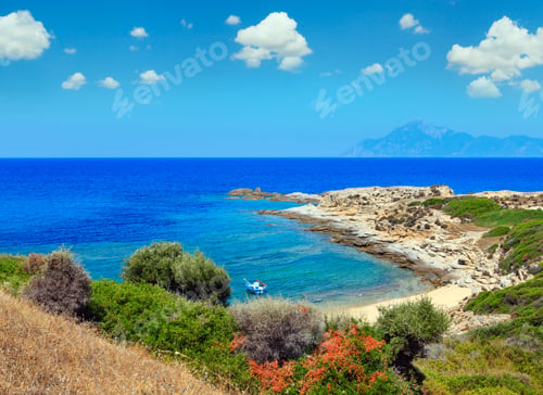 Preview: Summer Stony Sea Coast Landscape With Athos Mount View In Far, Halkidiki, Sithonia, Greece.