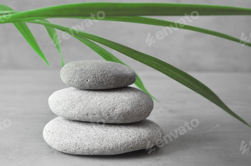 Preview: Stones Balance And Green Palm Leaf. Zen And Spa Concept.
